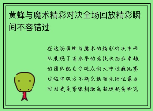 黄蜂与魔术精彩对决全场回放精彩瞬间不容错过